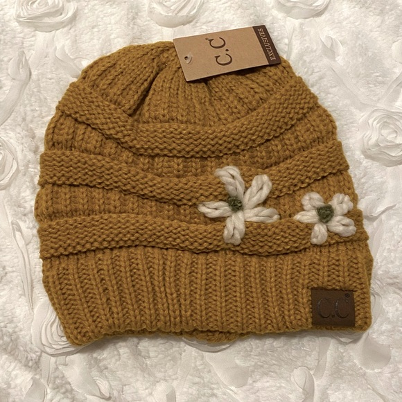 C.C Accessories - C. C Beanie/Hat with Daisy Flower Embroidery, Nutmeg, Adult, One Size